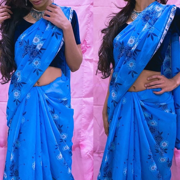 Floral Blue Sari - Picture 1 of 4